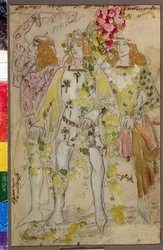 Kostymdesign för baletten Raimonda av Alexandre (Alexander) Glazunov (Glazounov eller Glazunoff eller Glazunow) (1865-1936) (Dräktdesign för baletten Raimonda av A. Glazunov). Manliga kostymer. Konstverk av Konstantin Alexeyevich Korovin (Constantin K