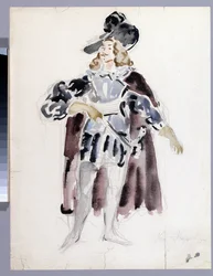 Kostymdesign för operan ""Le guest de pierre"" av Alexandre Dargomyjski (1813-1869) (Dräktdesign för operan Stengästen av A. Dargomyzhsky). Verk av Konstantin Alexeyevich Korovin (Constantin Korovin) (1861-1939), akvarell på papper