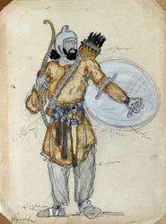 Kostymdesign för operan Prince Igor av Alexander Borodin (1833-1887) (Dräktdesign för operan Prince Igor av A. Borodin). Verk av Konstantin Alexeyevich Korovin (Constantin Korovin) (1861-1939), akvarell och gouache på papper