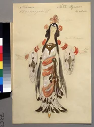 Kostymdesign för operan "Ruslan och Lyudmila" av Mikhail Igor Glinka (1804-1857) (Dräktdesign för operan Ruslan och Lyudmila av M. Glinka). Verk av Konstantin Alexeyevich Korovin (Constantin Korovin) (1861-1939), akvarell, gouache och guld