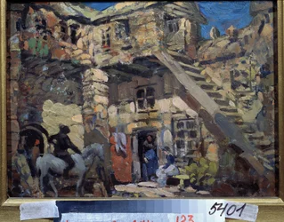 Scenografi för baletten Don Quijote av Leon (eller Ludwig) Minkus (1826-1917) (Scenografi för baletten Don Quijote av L. Minkus). Verk av Konstantin Alexeyevich Korovin (Constantin Korovin) (1861-1939), gouache på kartong