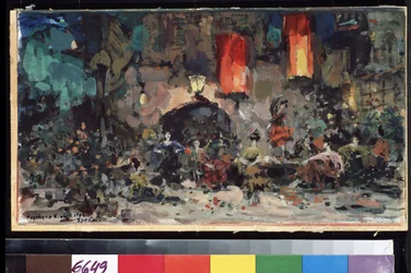 Scenografi för baletten Don Quijote av Leon (eller Ludwig) Minkus (1826-1917) (Scenografi för baletten Don Quijote av L. Minkus). Verk av Konstantin Alexeyevich Korovin (Constantin Korovin) (1861-1939), akvarell och gouache på kartong