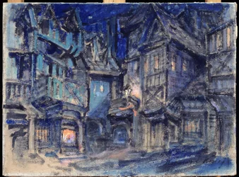 Scenografi för baletten Esmeralda av Anton Simon (1851-1916) (Scenografi för baletten Esmaralda av A.Simon). Verk av Konstantin Alexeyevich Korovin (Constantin Korovin) (1861-1939), tempera på kartong