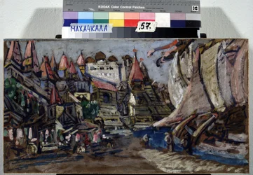 Scenografi för Opera Sadko av Nicolas (Nikolai) Rimsky Korsakov (Rimsky-Korsakov) (1844-1908) (Scenografi för Opera Sadko av N. Rimsky Korsakov (Rimsky-Korsakov). Beskrivning av en stad och träbyggnader byggda på en kaj där är am
