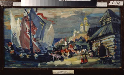 Designprojekt för operan Sadko av Nicolas (Nikolai) Rimsky Korsakov (Rimsky-Korsakov) (1844-1908) (Scendesign för operan Sadko av N. Rimsky-Korsakov (Rimsky Korsakov). Ett högt skepp på kajen i en stad med träbyggnader.