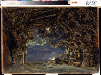 Scenografi för operan Twilight of the Gods av Richard Wagner. (Scenografi för operan The Twilight of the Gods av R. Wagner). Verk av Konstantin Alexeyevich Korovin (Constantin Korovin) (1861-1939), tempera på kartong