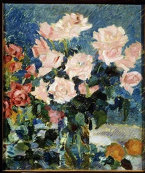 Rosor (Rosor). Målning av Konstantin Alexeyevich Korovin (Constantin Korovin) (1861-1939), olja på duk, cirka 1930. Stilleben, rysk konst från 1900-talet, postimpressionism. State Art useum, Yaroslavl (Ryssland).