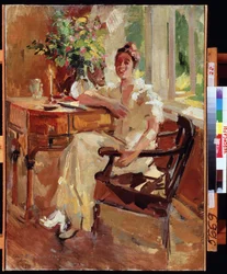 A Woman in an Armchair (A Lady in an Armchair). Porträtt av en glad ung kvinna, lutad på sitt skrivbord, med en bukett blommor. Målning av Konstantin Alexeyevich Korovin (Constantin Korovin) (1861-1939), olja på duk