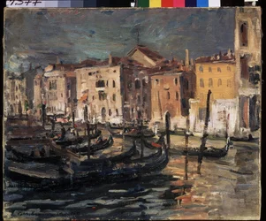 Venedig (Italien) (Venedig). Canal Grande i Venedigs lagun, med kajer, gondoler och byggnader upplysta av solens hårda ljus. Målning av Konstantin Alexeyevich Korovin (Constantin Korovin) (1861-1939), olja på duk