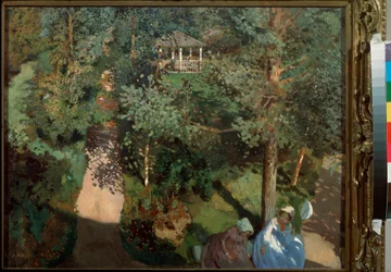 Förtroende. (Två kvinnor på en bänk, i en park med träd.) Målning av Konstantin (Constantin) Andreyevich Somov (1869-1939), olja på kartong