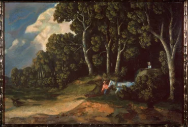I en skog. (Bönder som leder en hövagn kommer ut från skogsstigen) Målning av Konstantin (Constantin) Andreyevich Somov (1869-1939), olja på duk. rysk konst