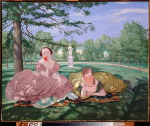 Two Ladies in a Park - Målning av Konstantin (Constantin) Andreyevich Somov (1869-1939), olja på duk