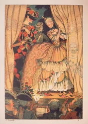 Illustration för ""Le Livre de la Marquise"" av Franz Blei (Illustration till boken av Marquise av Franz Blei) (en markis höjer en teaterscenridå, med Harlequin vid sin sida) - Verk av Konstantin (Constantin) Andreyevich Somov ( 1869-19