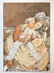 Illustration till ""Le Livre de la Marquise"" av Franz Blei (Illustration till Marquiseboken av Franz Blei) (en marchioninna som skämtar med en otålig älskare) - Verk av Konstantin (Constantin) Andreyevich Somov (1869-1939), etsning