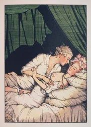 Illustration till Franz Bleis «Markisinnans bok» (en markisinna med bara bröst, liggande i sin säng med sin älskare) - verk av Konstantin Andreyevich Somov (1869-1939), etsning