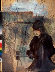Vår. En svartklädd kvinna med melankoliskt uttryck och nedslagen blick, lutad mot ett smalt räcke. Verk av Konstantin Andreyevich Somov (1869-1939)