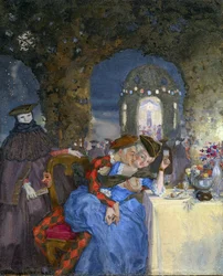 ""Rendez-vous"" Ett par som skämtar på en sommarfest, under maskerade karaktärers blick Målning av Konstantin Somov (1869-1939) - cirka 1918 - Olja på duk Dim 27x22 cm Privat samling