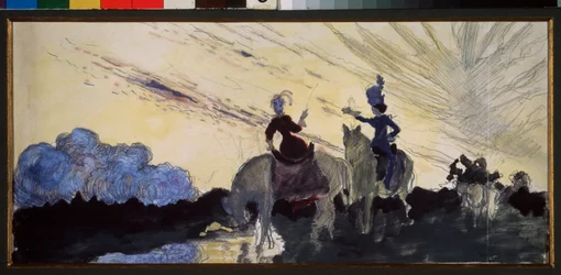 En promenad. (Två ryttare observerar himlen och landskapet). Verk av Konstantin (Constantin) Andreyevich Somov (1869-1939), penna och gouache på papper