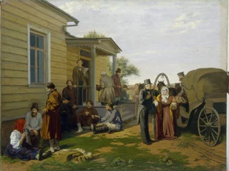 Fredsdoma­re. Domstolsbyggnad på den ryska landsbygden, bönder väntar och samtalar, jurister är upptagna. Målning av Konstantin Apollonovich Savitsky (1844-1905), rysk konst, 1800-talet