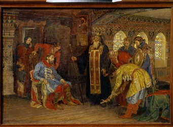 Prins Dmitrij Pozharskys (1577-1642) inbjudan att befalla arméerna för Moskvas befrielse. (Inbjudan från prinsen Pozharsky att regera över arméer för Moskvas befrielse). Efter att ha mottagit Irenarchus av Rostovs välsignelse, Prince