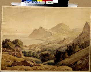 ""Landskap av berg och ruiner av en stad"" (Forntida stad) Målning av Konstantin Bogayevsky (1872-1943) Dim 46x64 cm F Kovalenko Museum of Art, Krasnodar