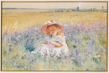 En ung flicka på ett fält av Salvia, Oxeye Daisies och Meadow Foxtail,