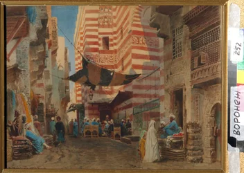 På gatorna i Kairo (Egypten). Konstverk av Konstantin Yegorovich Makovsky (Constantin Makovsky) (1839-1915), konstverk på papper