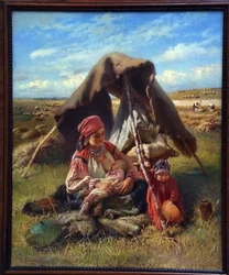 Skördeman. Under skörden ammar en kvinna sin nyfödda medan hon tittar på ett annat barn som knappt är äldre, i bakgrunden arbetar bönderna på fälten. Målning av Konstantin Yegorovich Makovsky (Constantin Makovsky) (1839-1915),