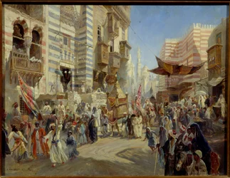 Muslimsk högtid: processionen av den heliga mattan på gatorna i Kairo i Egypten (The Handing over of the Sacred Carpet in Cairo) - Olja på duk av Konstantin Yegorovich Makovsky (Constantin Makovski) (1839-1915)