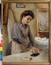 Strykjärnet - Kvinnans strykning (Woman Ironing). Målning av Konstantin Yegorovich Makovsky (Constantin Makovsky) (1839-1915), olja på duk, cirka 1900. Rysk konst sent 1800-tidigt 1900-tal. Statens friluftsmuseum, Rostov Kreml, Rostov (Ryssland)