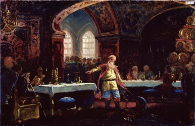 Greve Michael Repnin (?) vid Ivan den förskräckliges fest (1530-1584). (Greve Mikhail Repnin vid Ivan den fruktansvärda festen). Repnin, som står i mitten av de dukade borden, fördömer tsarens politik. Målning av Konstantin Yegorovich Makovsky (Constantin 