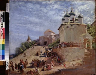 Torg framför Nizhny Novgorods kremlincitadell (Ryssland). (Torg före citadellet i Nizhny Novgorod Kreml). Målning av Konstantin Yegorovich Makovsky (Constantin Makovski) (1839-1915), olja på duk 1800-talet. Regionala konstmuseet, Arkh