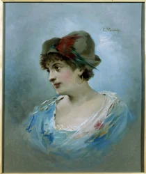Porträtt av ballerinan Marie Petipa (1857-1930) (Porträtt av balettdansösen Marie Petitpa). Målning av Konstantin Yegorovich Makovsky (Constantin Makovsky) (1839-1915), olja på duk, cirka 1900. Rysk konst från 1900-talet. Statens teatermuseum och Mus