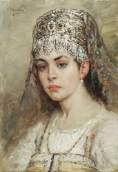 Porträtt av en bojarkvinna (bräda, boiar): hon är klädd i en sarafanklänning och har en kokoshnik på huvudet, en traditionell frisyr - Målning av Konstantin Yegorovich Makovsky (Constantin Makovski) (1839-1915)