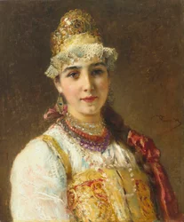 Porträtt av en bojarkvinna (bräda, boiar): hon är klädd i en sarafanklänning och har en kokoshnik på huvudet, en traditionell frisyr - Målning av Konstantin Yegorovich Makovsky (Constantin Makovski) (1839-1915)