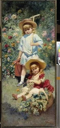 Porträtt av konstnärens barn. (Porträtt av konstnärens barn). Representerad i en blomsterträdgård på sommaren, bär den äldsta en kratta och en vattenkanna, den yngre sitter i gräset, bredvid en korg full av klasar med druvor. Målning av Konst