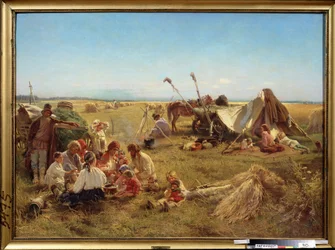 Böndernas måltider under skördesäsongen. (En bondemåltid vid skördetid). Målning av Konstantin Yegorovich Makovsky (Constantin Makovsky) (1839-1915), olja på duk