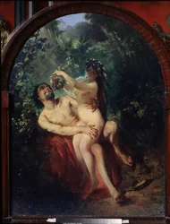 Satyr och nymf. (Satyr och nymf). Naket och berusat par, nymfen på satyrens knän matar honom med en klase druvor, plockade från vinstockarna som omger dem. Målning av Konstantin Yegorovich Makovsky (Constantin Makovsky) (1839-1915), olja