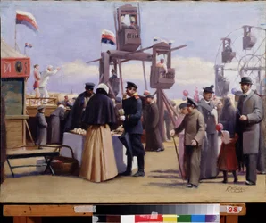 Bås av Moskvamässan. (Moskva Fair Show Booths). Målning av Konstantin Yegorovich Makovsky (Constantin Makovsky) (1839-1915), olja på duk. Rysk konst från 1800-talet. Tjuvasjrepublikens statliga konstmuseum, Cheboksary (Chuvashia, Ryssland).