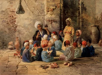 En skola i Kairo (Egypten). (En skola i Kairo). En lärare frågar pojkar i ett klassrum som är organiserat på en matta på golvet. En pojke står bland de andra, sitter och läser deras lärobok, mattan är omgiven av skor