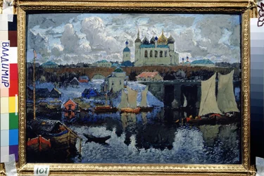 Bron vid Novgorod (Ryssland) (Novgorod, Pier). Målning av Konstantin (Constantin) Ivanovich Gorbatov (1876-1945), olja på duk