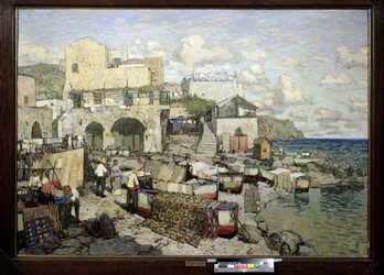 Utsikt över ön Capri (Italien). (Utsikt över ön Capri). Målning av Konstantin (Constantin) Ivanovich Gorbatov (1876-1945), olja på duk. 1900-talets rysk konst, realism. Regionala konstmuseet W. Wereshchagin, Mykolaiv (eller Nikolaiev, Ukraina)
