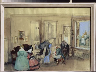 En scen ur teaterpjäsen ""The Revizor"" av Nicolas Gogol (1809-1852) (En scen ur teaterpjäsen The Reviser av N. Gogol) - Verk av Konstantin Ivanovich Rudakov (Constantin Roudakov) (1891-1949) , akvarell och gouache på papper - Art scenograp