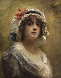 Konstantin Makovsky Porträtt av en ung flicka med vit tygmössa