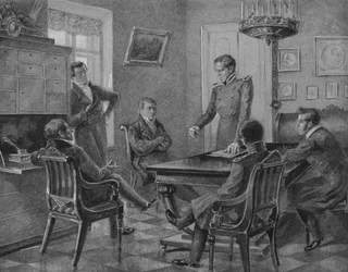 Pavel Pestel tal vid mötet för Northern Society of the Decembrists i Petersburg, 1936