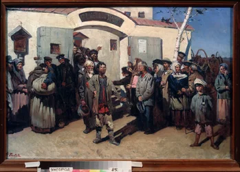 Tillbaka till friheten. (Befrielse av fångarna i ett kriminalvårdsanstalt, deras ögon är riktade mot himlen och en rörd skara väntar på dem). Målning av Konstantin Petrovich Pyneev (1868-1922), olja på duk. rysk konst