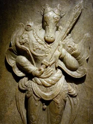 Gravornament, zodiakhäst i agalmatolit, 700-talet, perioden med de norra och södra kungadömena, Korea. Fotografi, Koreas nationalmuseum, Seoul, Republiken Korea