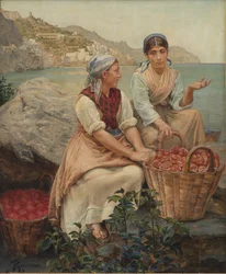 Italienska flickor med tomater i korgar