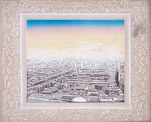 Flygfoto över London inramad i en dekorativ bård, c1845