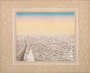 Flygfoto över London inramad i en dekorativ bård, c1845